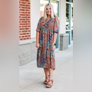 Umgee Womens V Neck Floral Flowy Smocked Sleeve Metallic Swiss Dot Maxi Dress